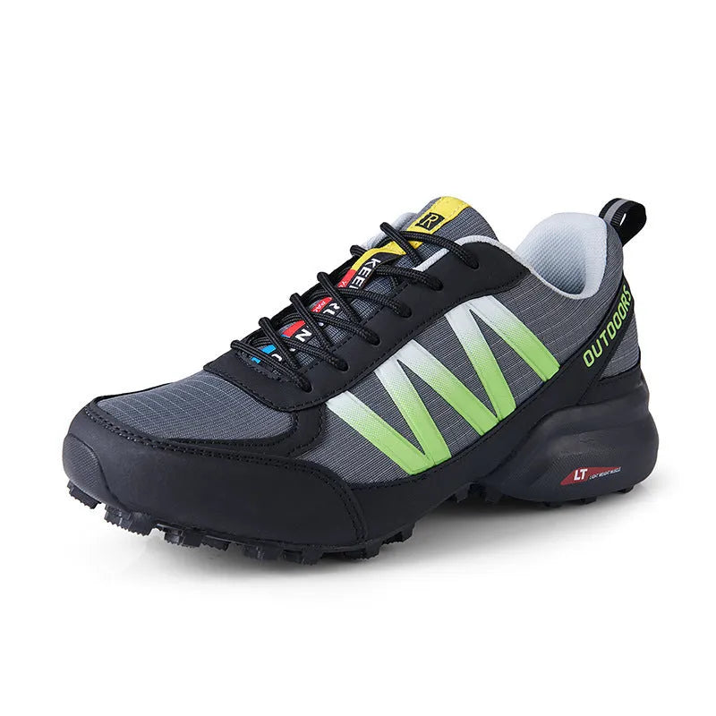Mountaineering hiking sneaker in black with rubber sole and front lace-up design.