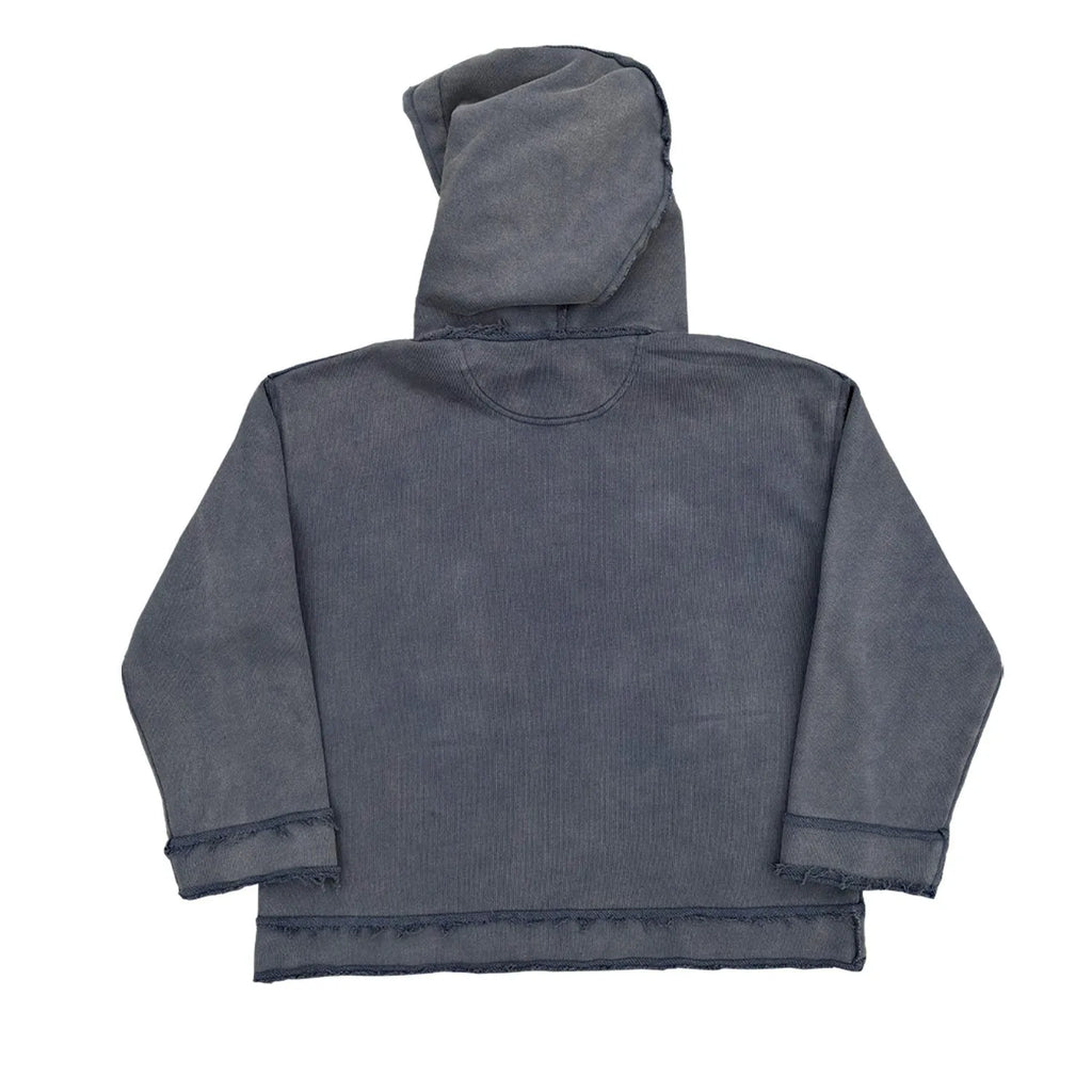Dark blue zip-up hoodie sweater on a hanger showing the front zip, hood, and long sleeves.