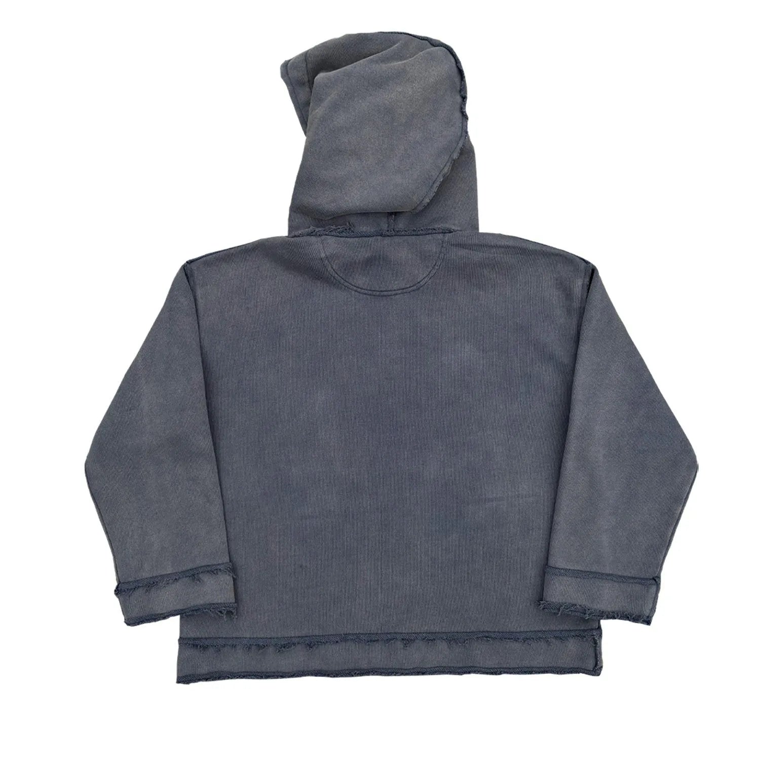 Dark blue zip-up hoodie sweater on a hanger showing the front zip, hood, and long sleeves.