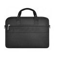 Black oxford cloth multi-pocket laptop handbag shown open, revealing separate padded computer layer and internal organisers.