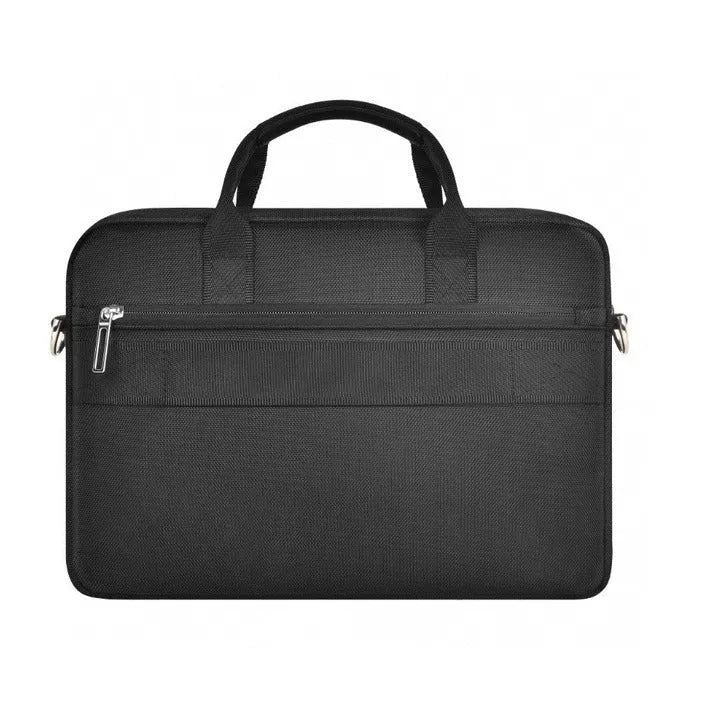 Black oxford cloth multi-pocket laptop handbag shown open, revealing separate padded computer layer and internal organisers.