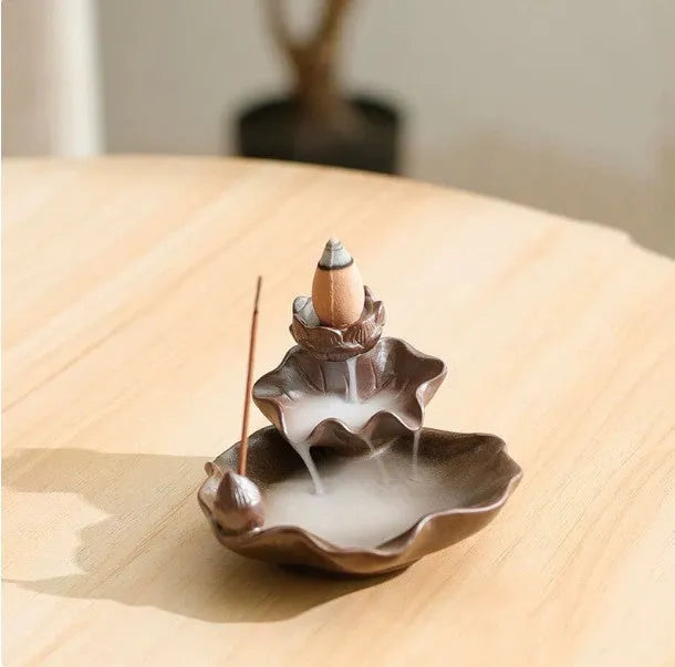 Ceramic reverse flow incense burner with Chinese purple clay crafts design and square base