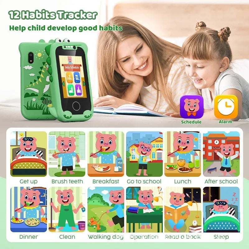 Blue and green silicone-case educational handheld camera for children with touchscreen gaming and photography functions