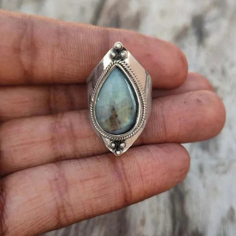 Ancient silver teardrop ring for women with copper electroplated band and stone-effect sticker, sizes 6-10