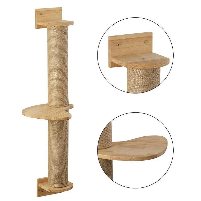 Wooden wall-mounted cat climbing frame with jumping platform and wrapped scratching posts