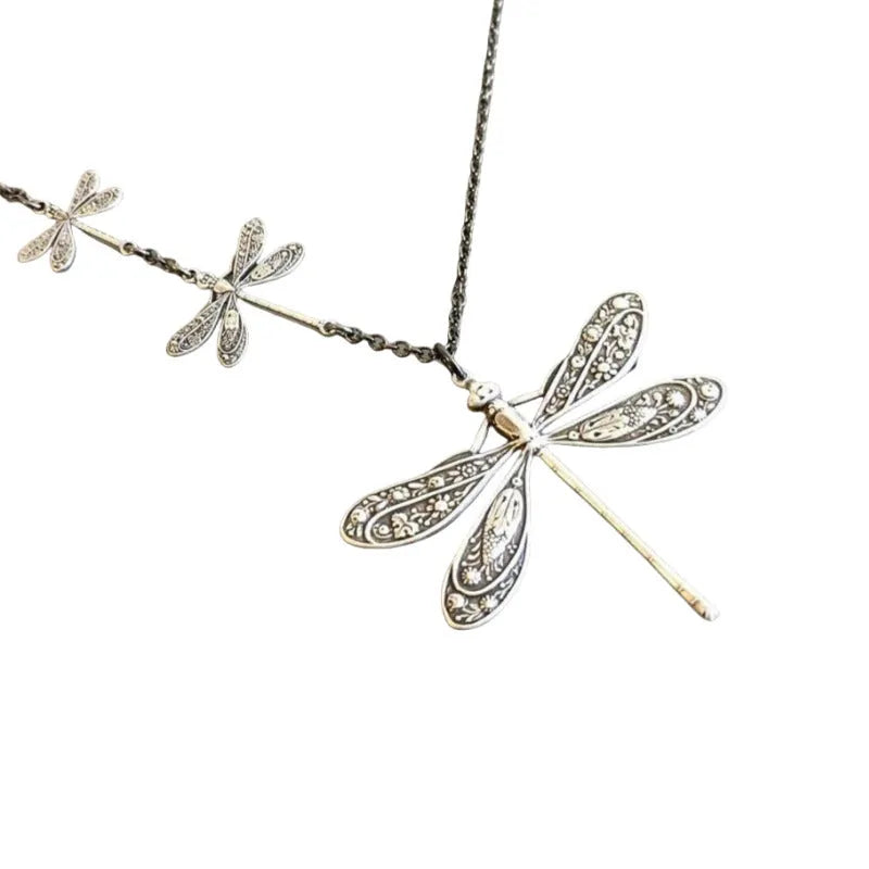 Retro creative carved stitching dragonfly pendant necklace in ancient silver alloy