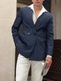 Men's classic stripe double-breasted blazer jacket on a hanger