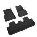 Custom TPR floor mat set for Tesla Model Y showing footwell, storage box, and tailbox mats.