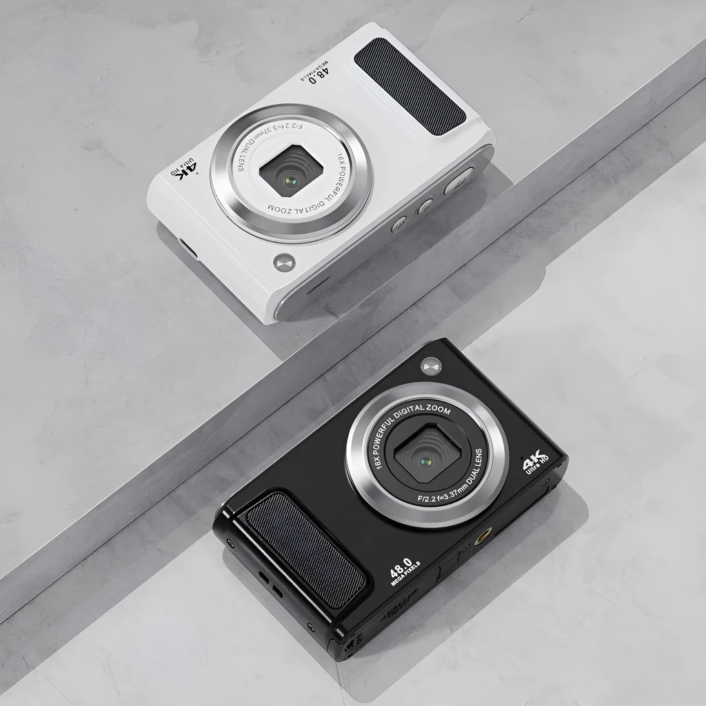 Entry-level 4K HD digital camera with front and rear dual cameras, compact ABS body, black or white, 102x27x62.8mm