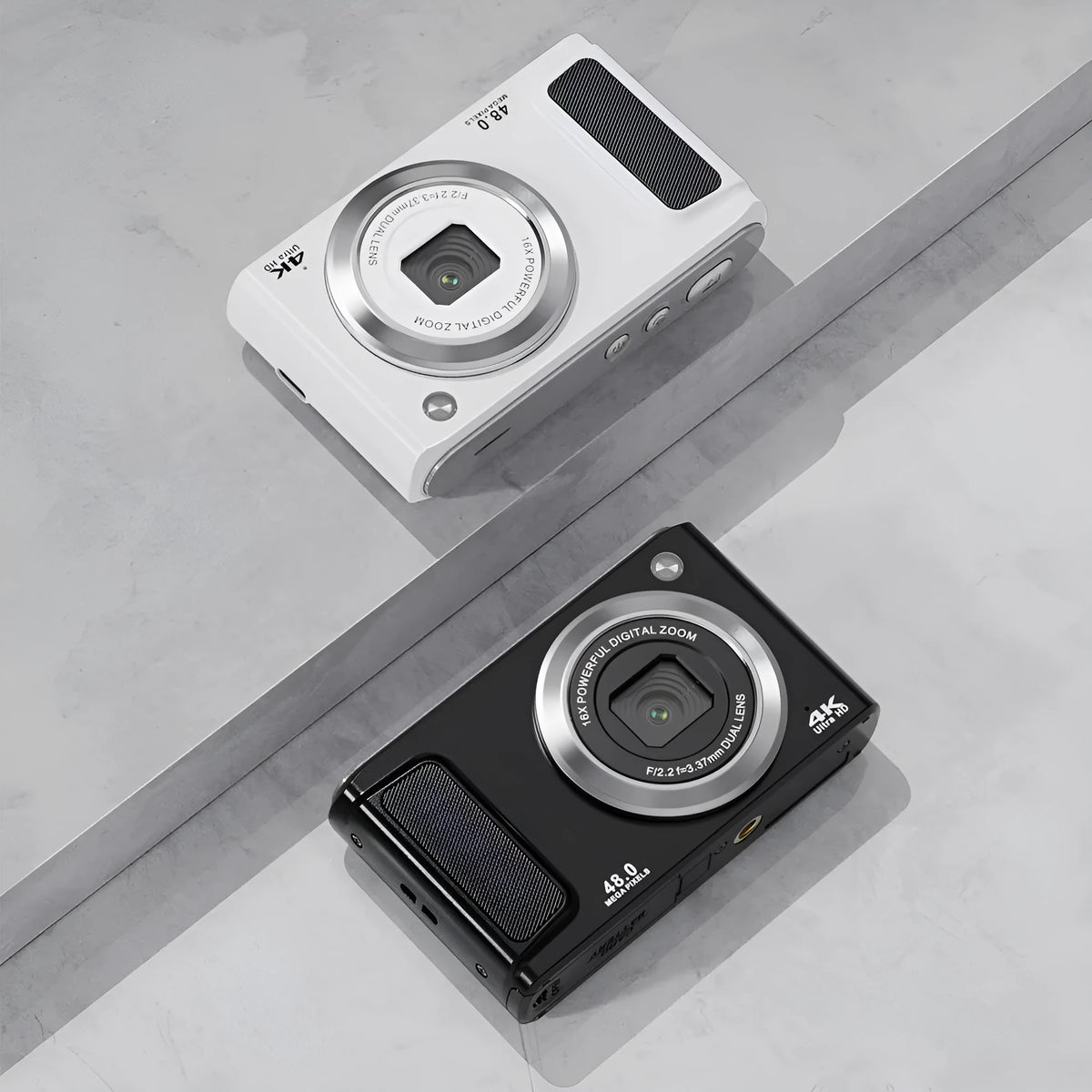 Entry-level 4K HD digital camera with front and rear dual cameras, compact ABS body, black or white, 102x27x62.8mm