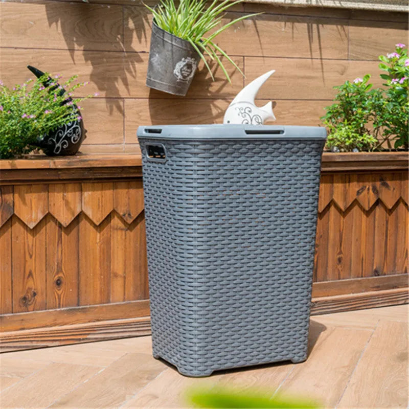 Plastic rattan woven laundry basket in beige, 44x34x62cm polypropylene construction