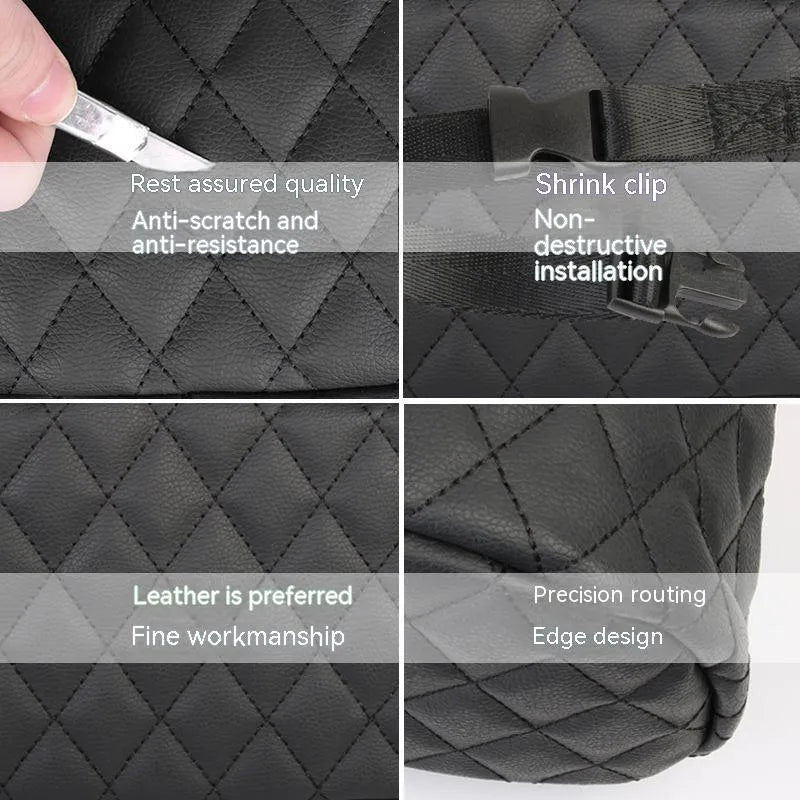 Black leather car interior hanging storage bag with straps measuring 25cm