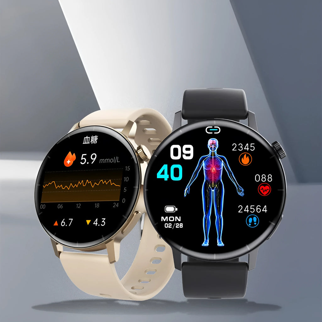 F67S smart watch with blood glucose monitoring on wrist showing touch screen display