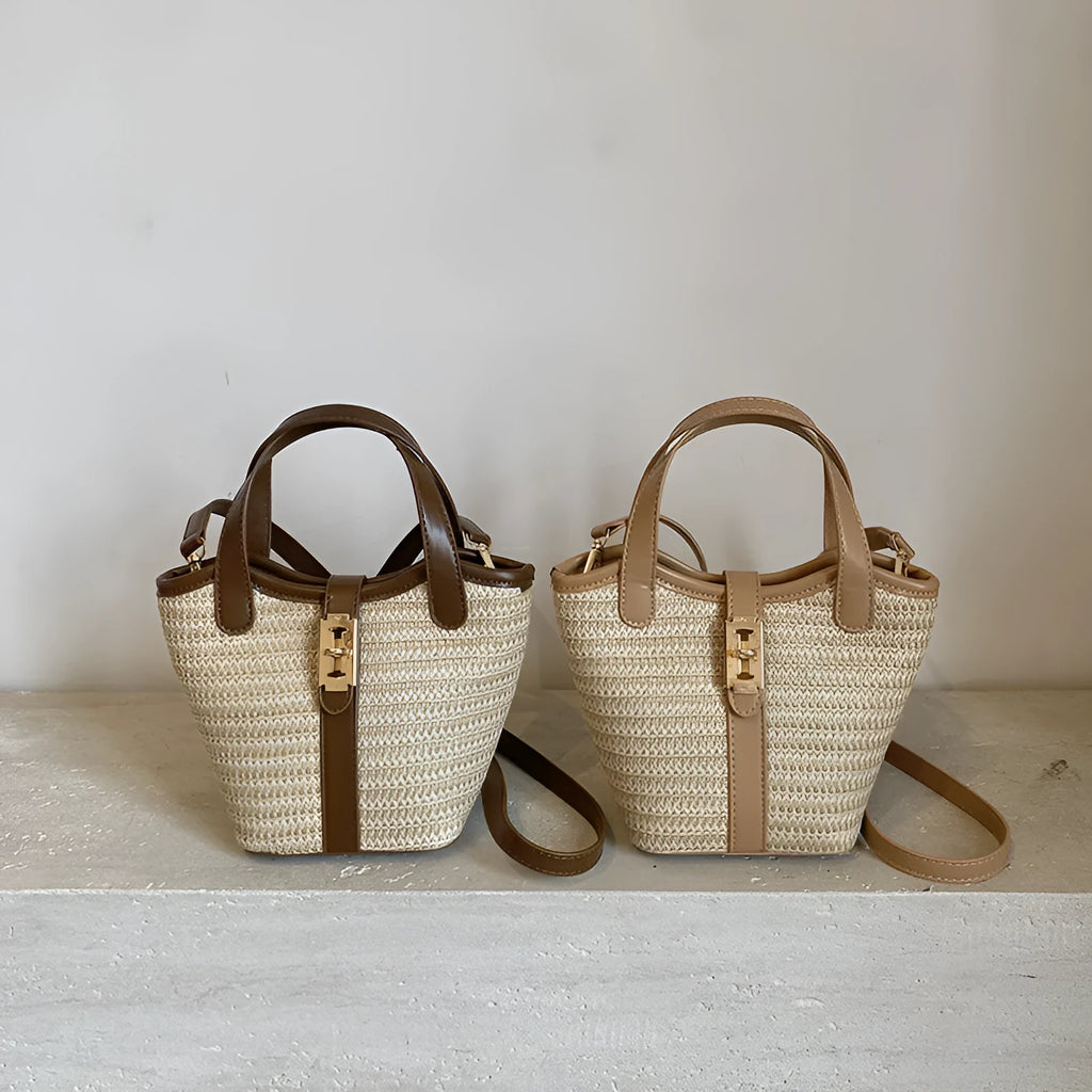 Women's bucket handbag in PU with sewing line detail, available in brown and apricot colours
