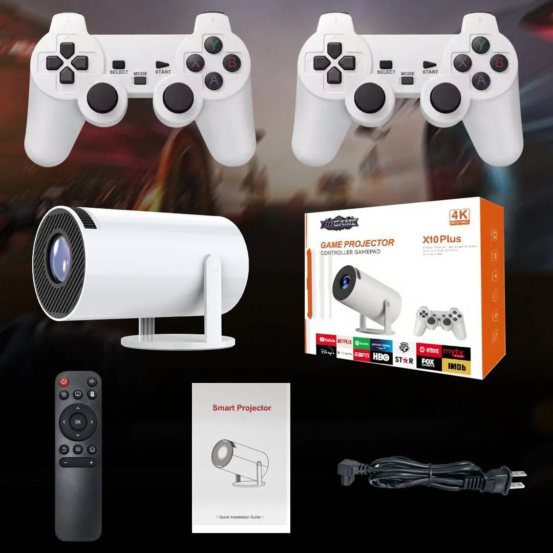 White Barrel X10 PLUS portable HD projector with remote control and gamepad on table
