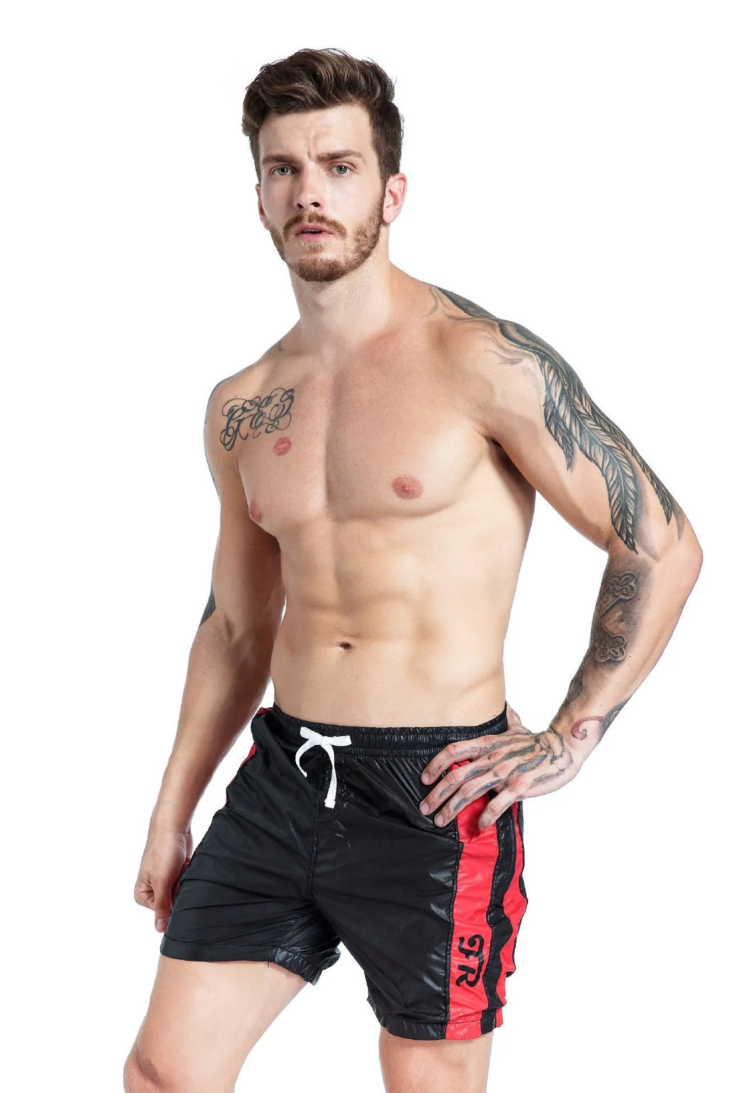 Blue men's slim-fit sports shorts with lace-up sides and built-in padding on a white background.