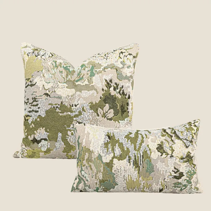Antique green wool blended pillowcase with abstract spring flowers pattern, shown in square and bolster sizes.