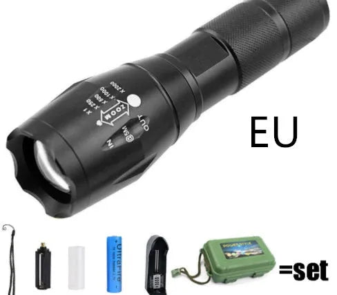 Black rechargeable LED flashlight with telescopic focus and aluminium alloy body, 137x34x27mm