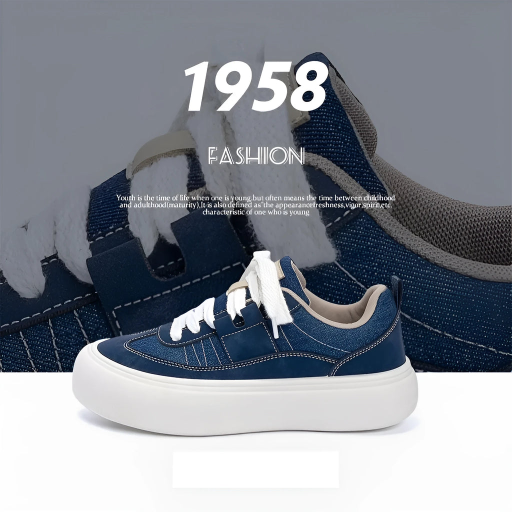 Men's low-top black canvas platform shoes with white raised sole and front lace-up.