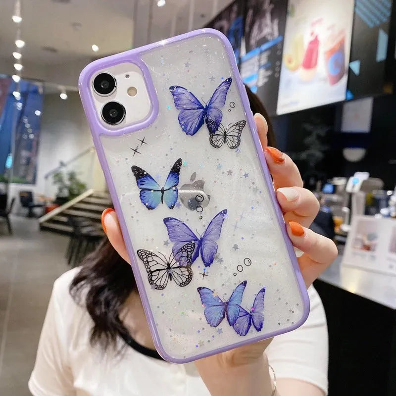 Pink epoxy glitter butterfly TPU phone case for iPhone with anti-fall back cover visible