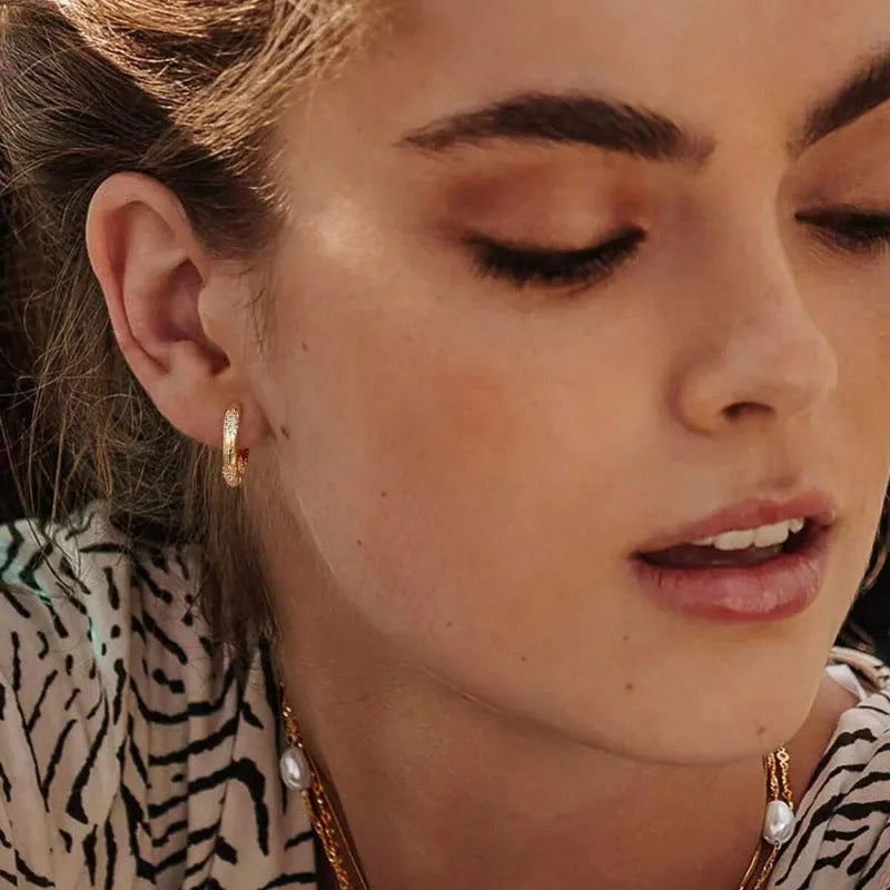 Women's geometric copper earrings with inlaid faux diamond pattern in gold, silver, and rose gold colour options