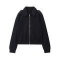 Women's navy blue PU turn-down collar coat with zipper front and long sleeves, casual medium-thickness jacket
