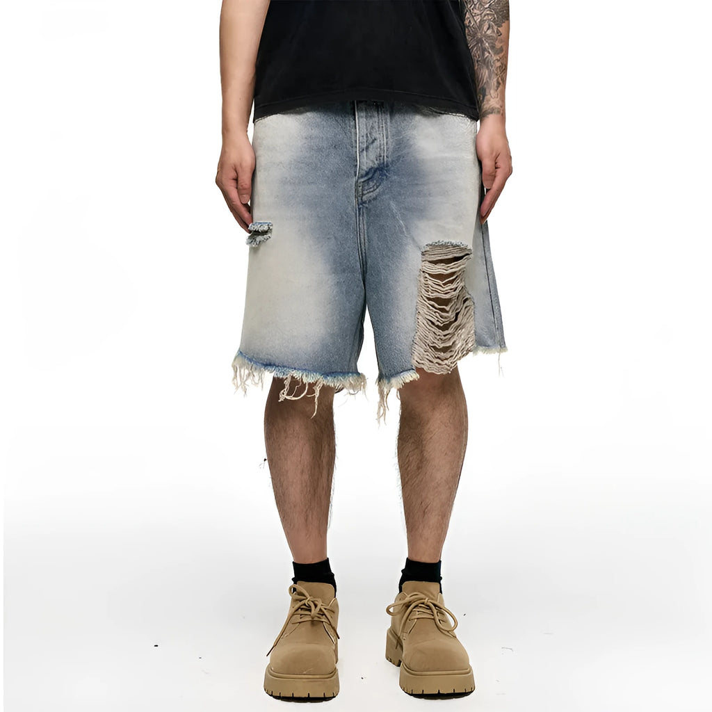 Light blue washed denim shorts with a baggy wide-leg fit and mid-waist on a mannequin.