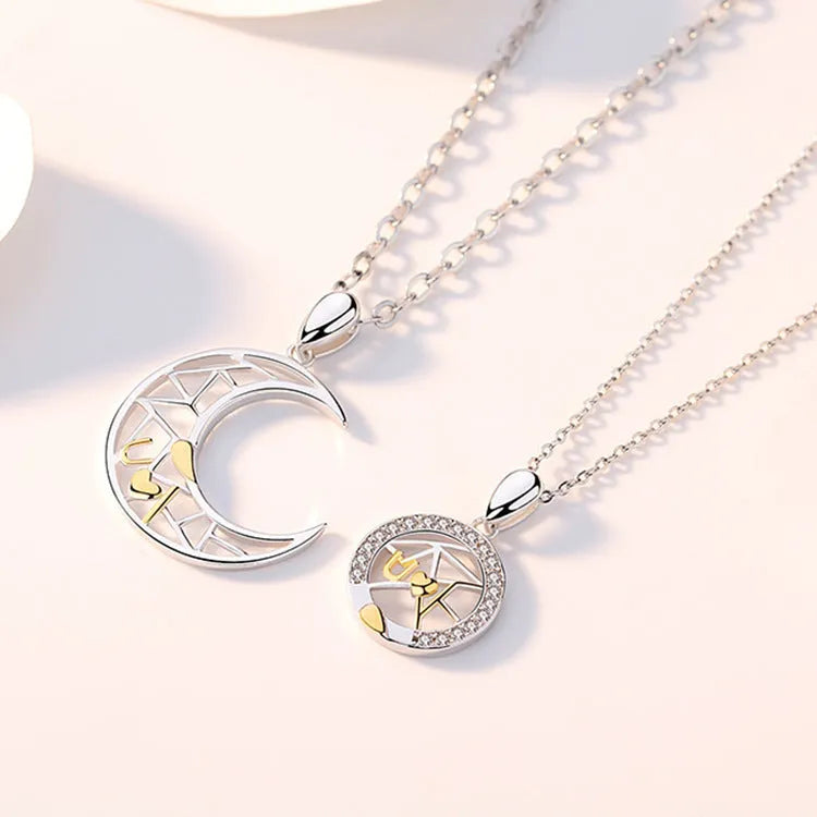Copper sun moon couple necklace with electroplated finish and cross chain design