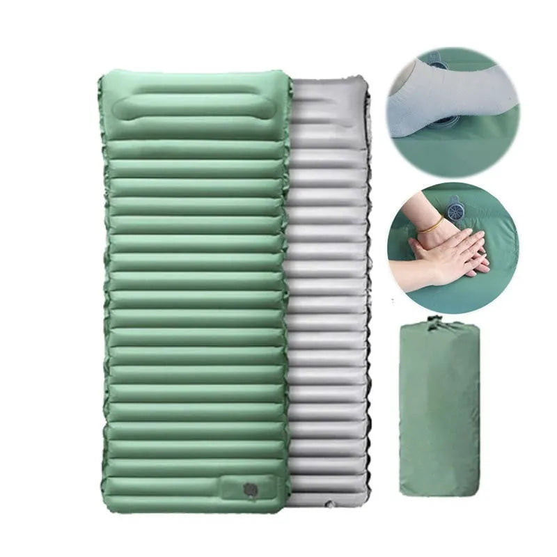 Single size inflatable camping mattress showing 10 cm thickness and portable folded design