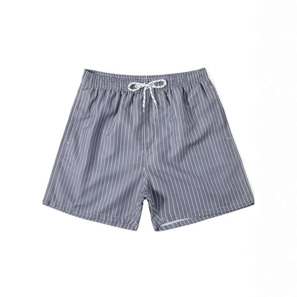 Polyester fibre striped beach shorts with straight leg openings and triangle lining in multiple colours