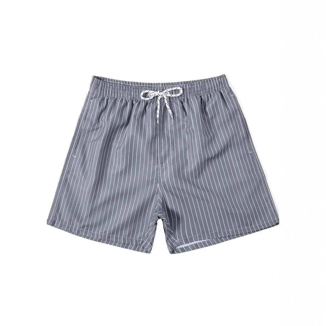 Polyester fibre striped beach shorts with straight leg openings and triangle lining in multiple colours