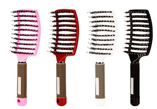 Black bristle and nylon hairbrush with arched comb head and non-slip rubber handle on white background