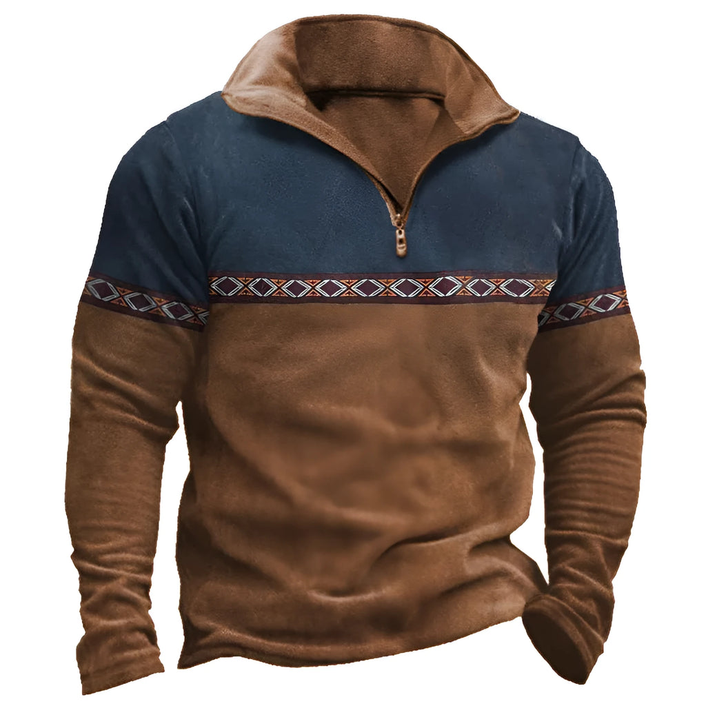 Men's retro patchwork zip-front polo sweater in cotton blend fabric
