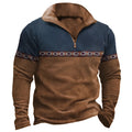 Men's retro patchwork zip-front polo sweater in cotton blend fabric