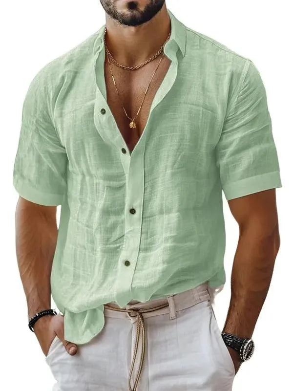 Men's solid colour lapel shirt with short sleeves in cotton linen blend fabric
