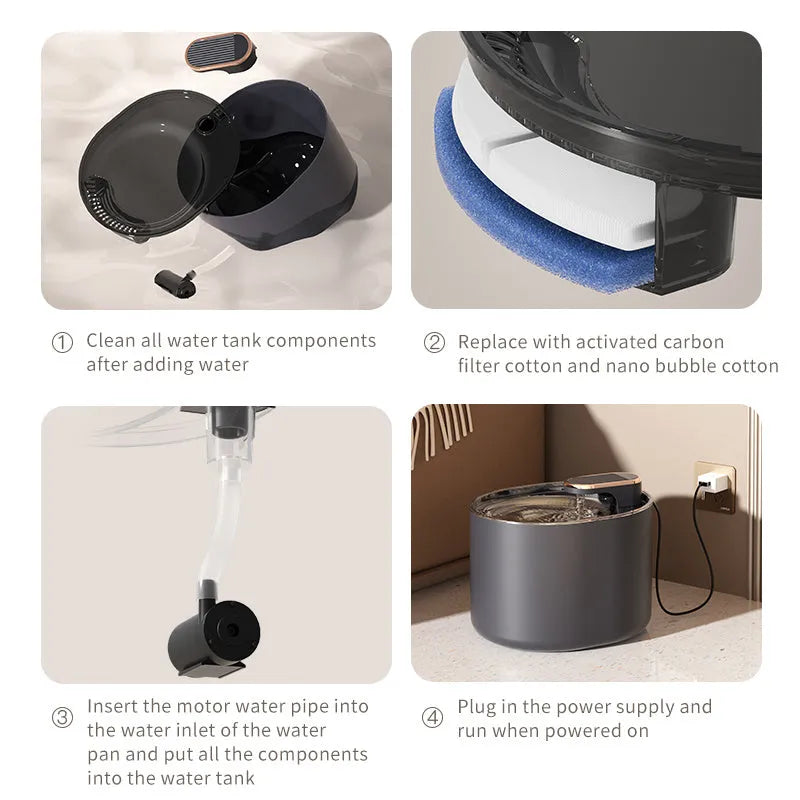 Automatic pet water fountain with USB cable, filter element, and detachable components in Berlin blue colour