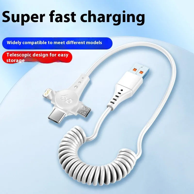 Black telescopic spring data cable with 3-in-1 connector showing Type-C, Micro USB and Lightning ports