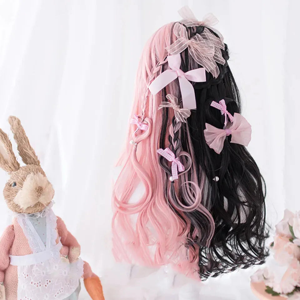 Harajuku Japanese Lolita long curly black and pink wig with bangs for cosplay.