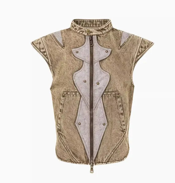 Korean style dark knight pleated denim vest in picture colour on a model.
