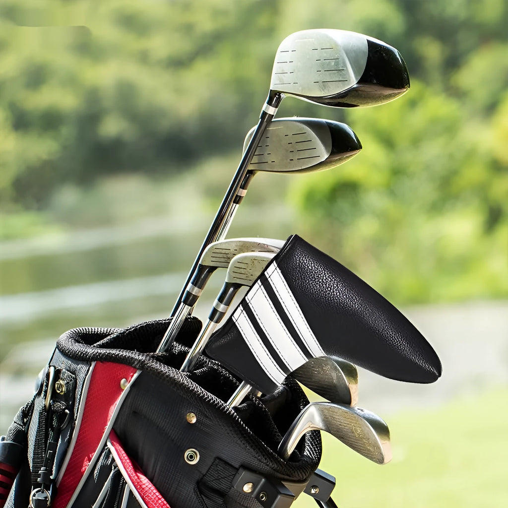 Black PU leather golf push rod sleeve for storing club head covers.