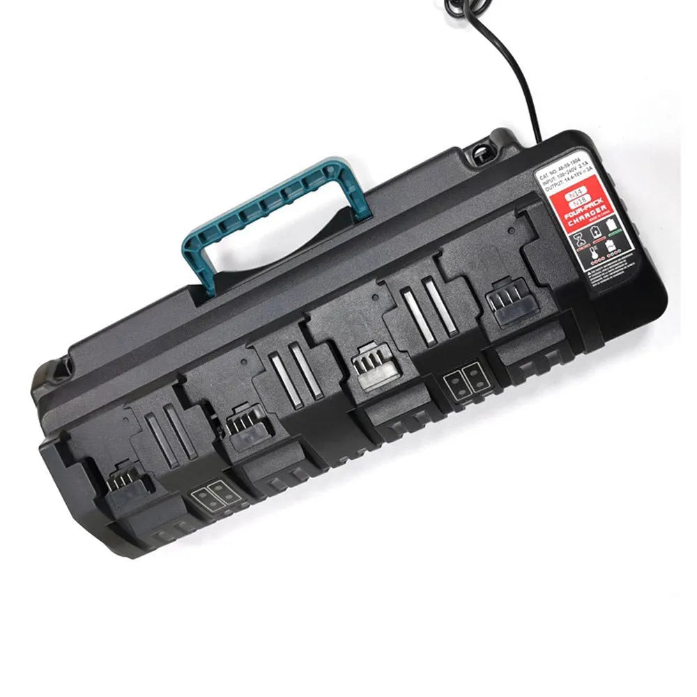 Black and blue plastic fast charger for Makita 14.4V-18V lithium batteries with four slots