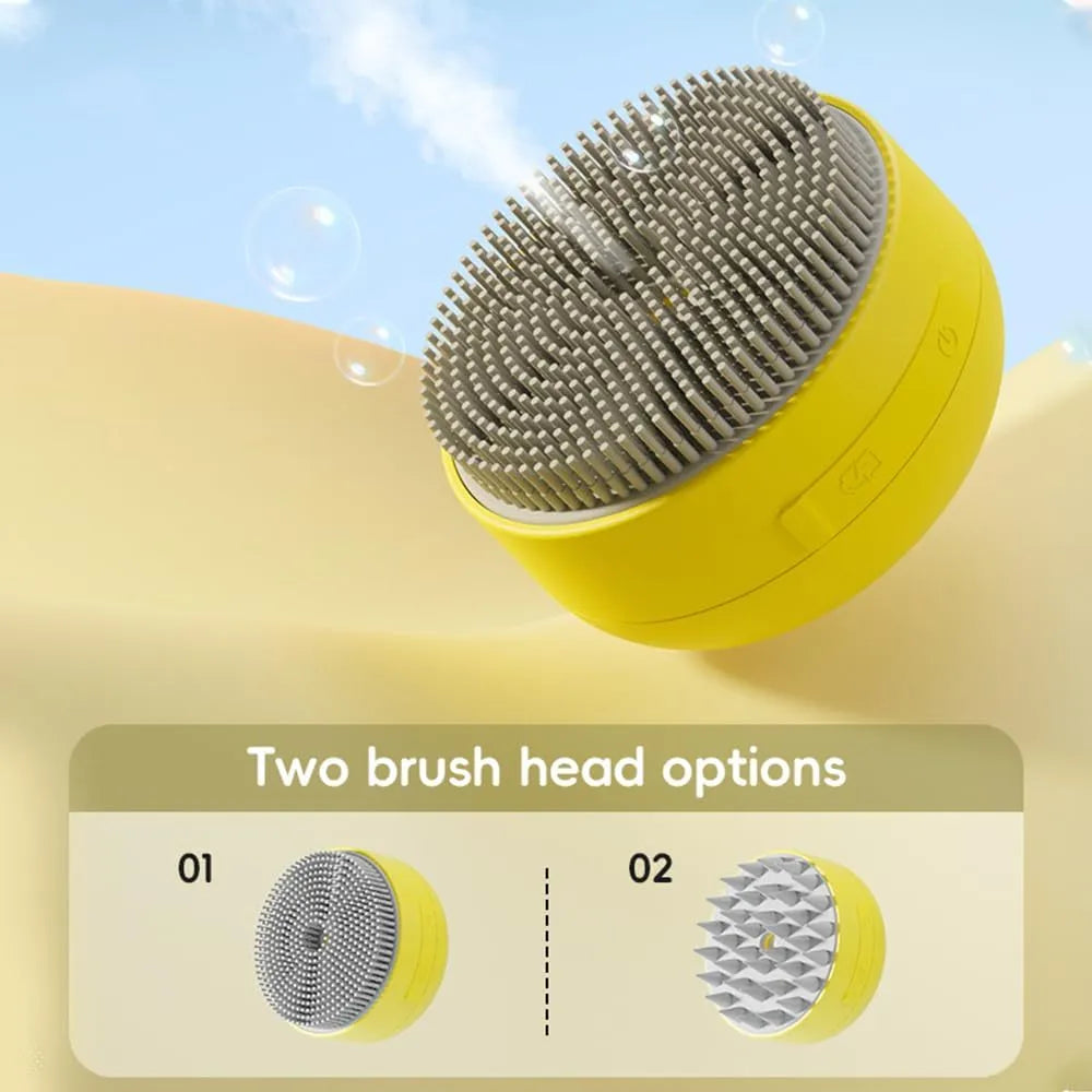 Green and yellow rechargeable silicone steam brush for grooming cats and dogs on a table.