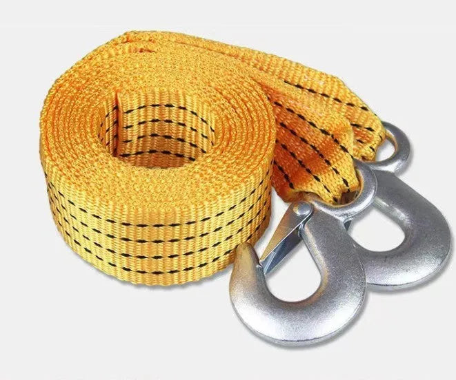 Yellow CARLIFE nylon tow rope with eagle grappling hook and hanging buckle for 3-tonne trailer towing.