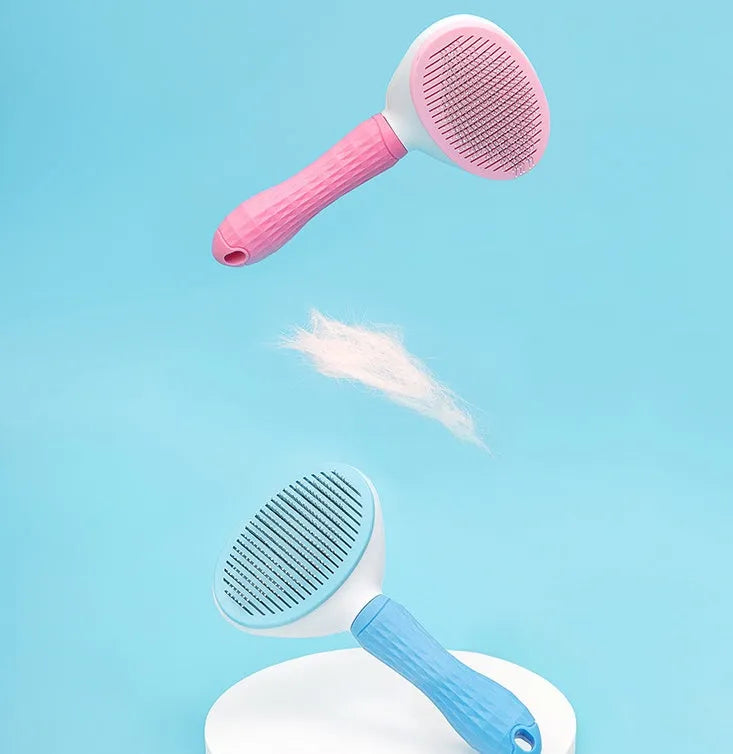 Self-cleaning pet comb with fine needle stainless steel teeth, rubber body, 19 cm, in blue, pink, or grey