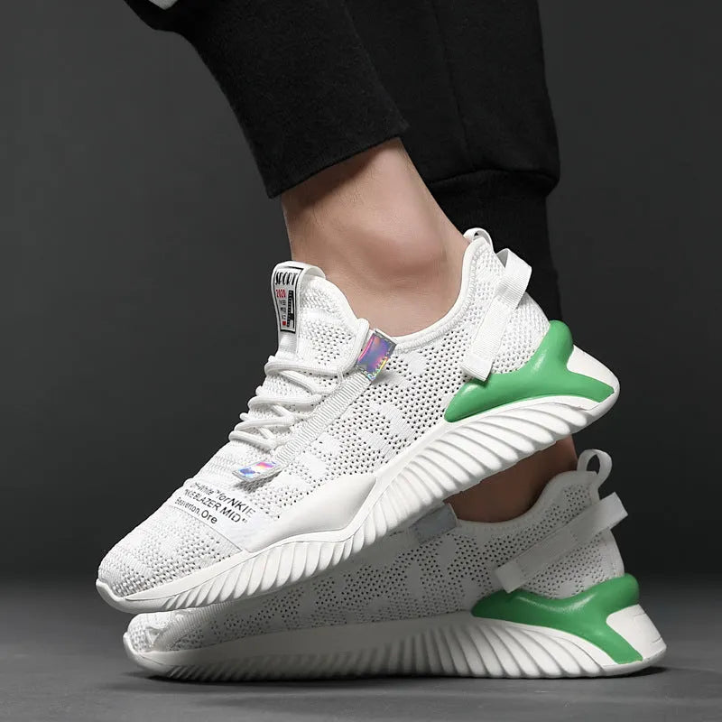 Men's breathable mesh trainers with flying woven upper and rubber plastic sole, white or black, sizes 38-44 EU