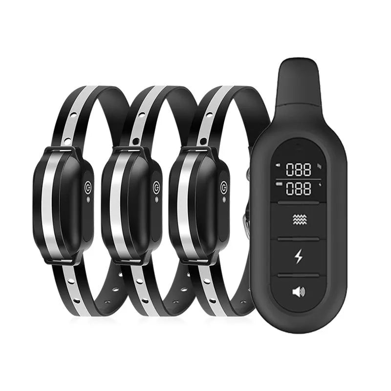 Black waterproof remote control dog trainer with ABS material collar and handheld remote on a neutral background.