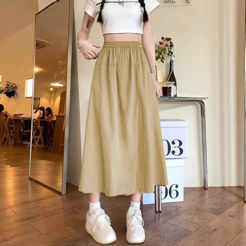 Women's camel colour wide leg casual skirt with elastic waist and drape silhouette