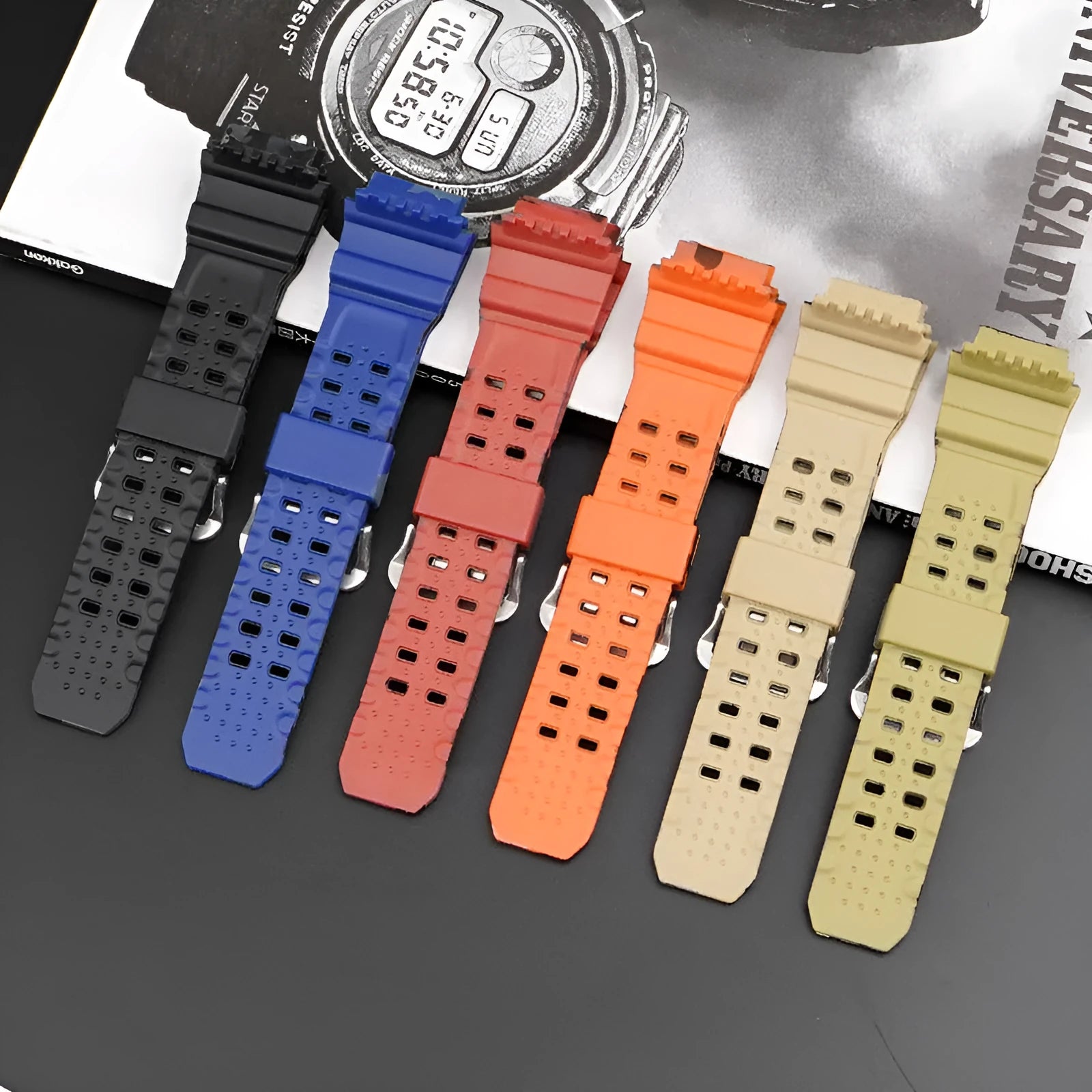 Camouflage patterned TPU resin watch strap with a silver buckle on a grey background.