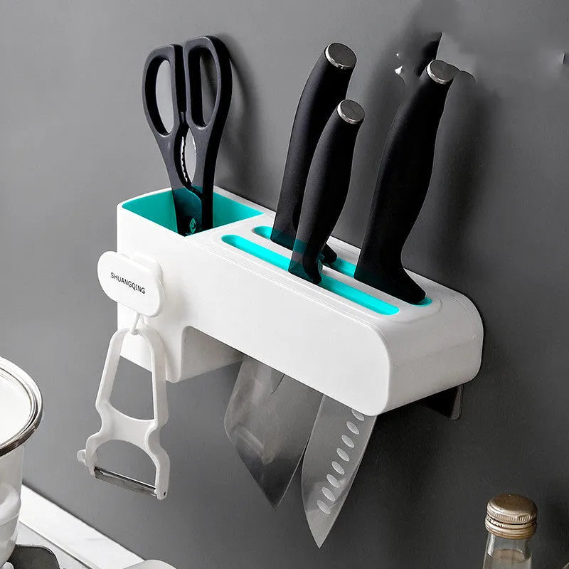 White plastic kitchen knife rack on countertop with dimensions 26 cm height
