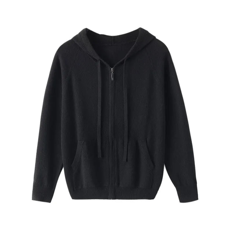 Man wearing a grey zip-up hooded cardigan, knitted cashmere blend, light business style.